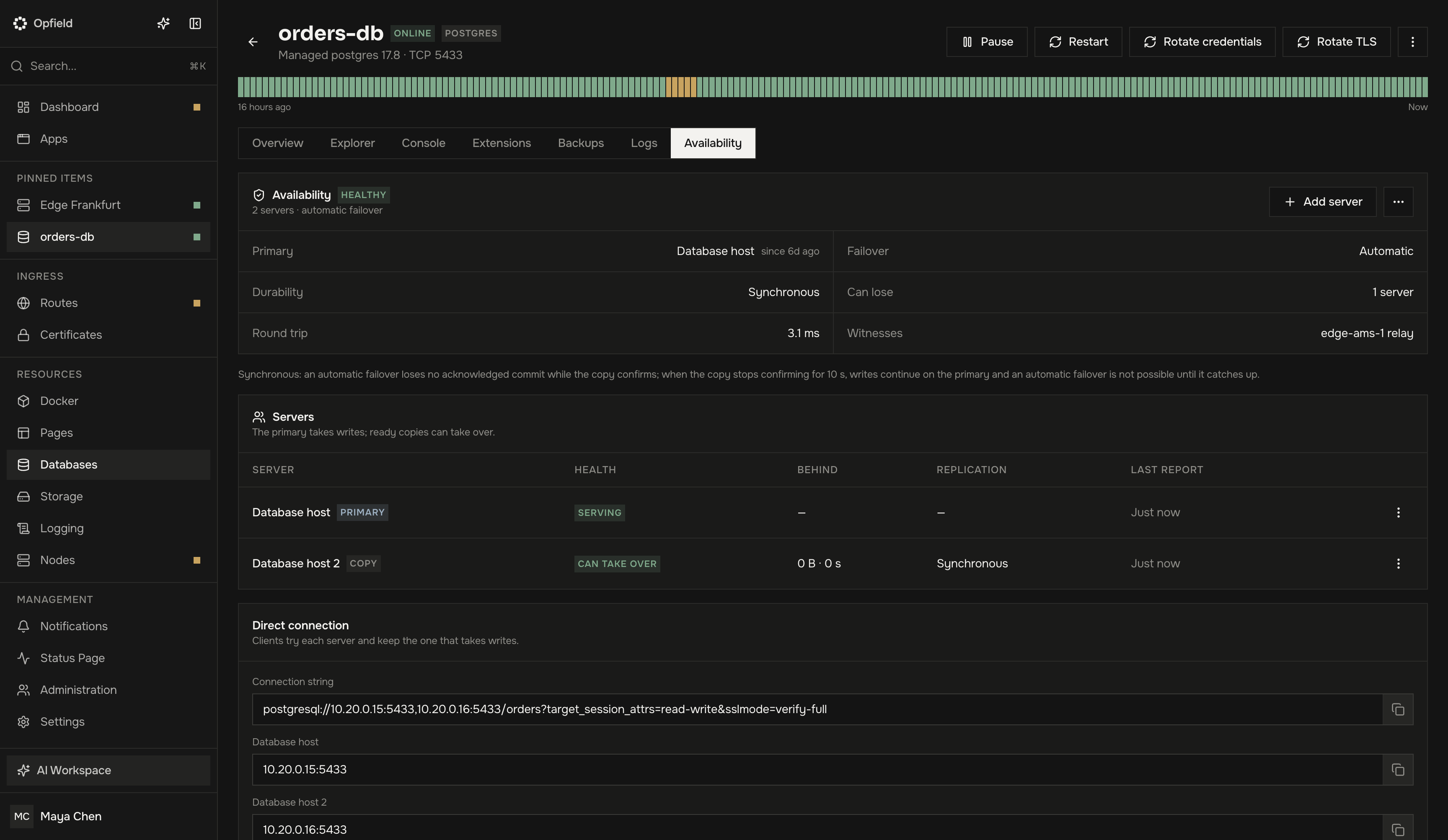 Pestaña Availability de una base de datos con un primario en buen estado, una copia síncrona y un testigo en un relay