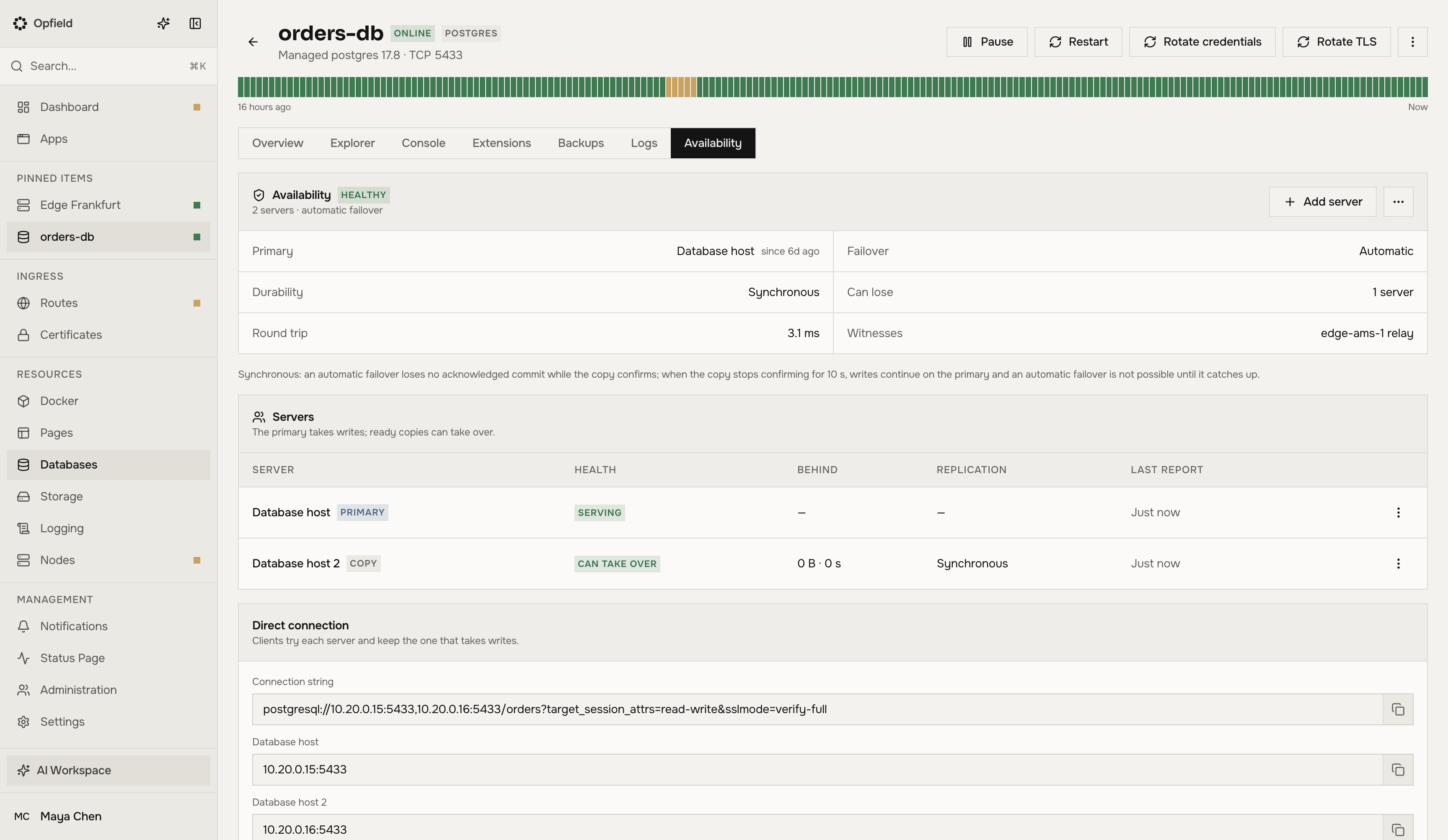 Pestaña Availability de una base de datos con un primario en buen estado, una copia síncrona y un testigo en un relay