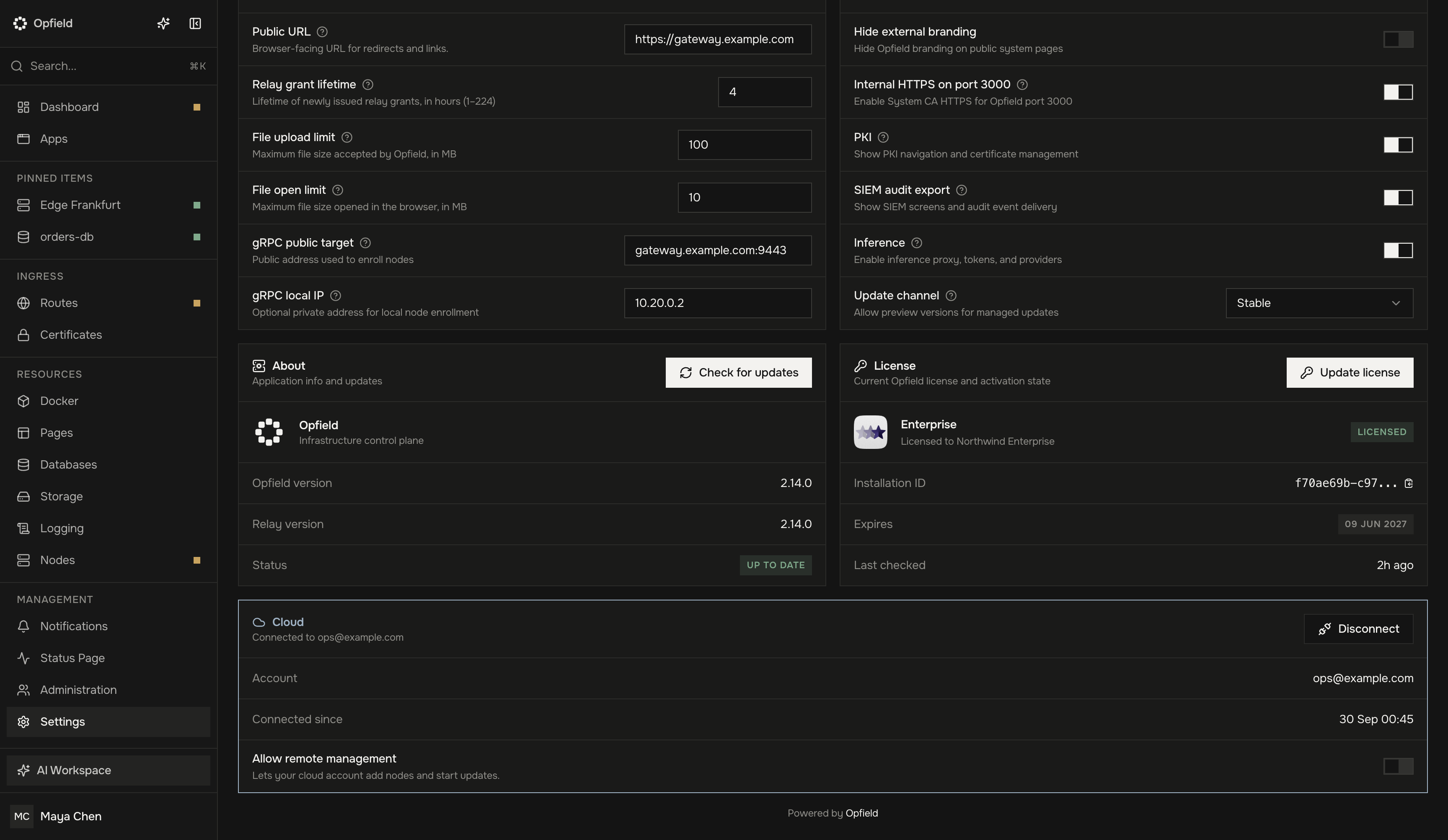 Block Cloud unter Settings → General, mit einem Konto verbunden, mit ausgeschaltetem Allow remote management