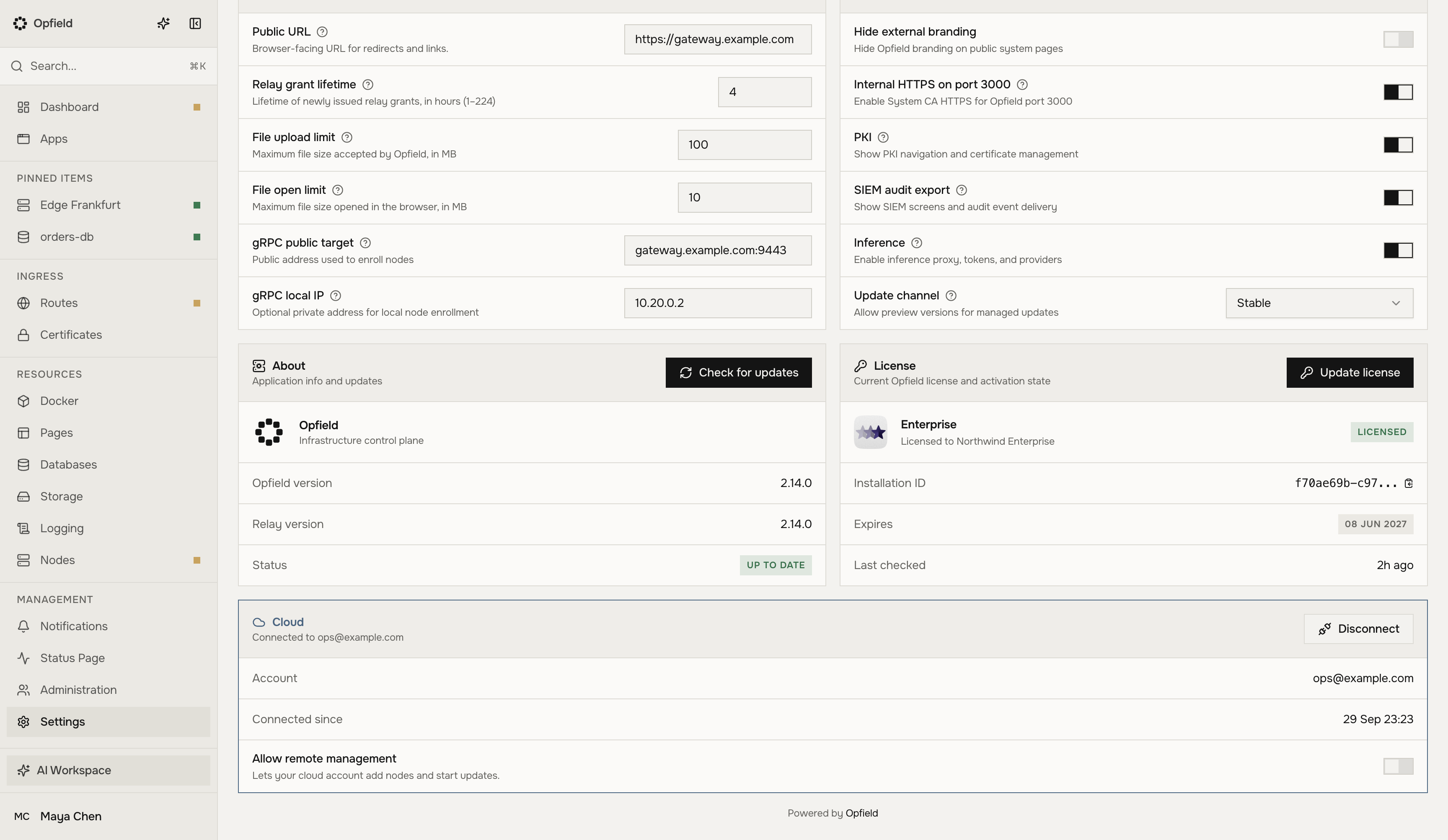 Block Cloud unter Settings → General, mit einem Konto verbunden, mit ausgeschaltetem Allow remote management
