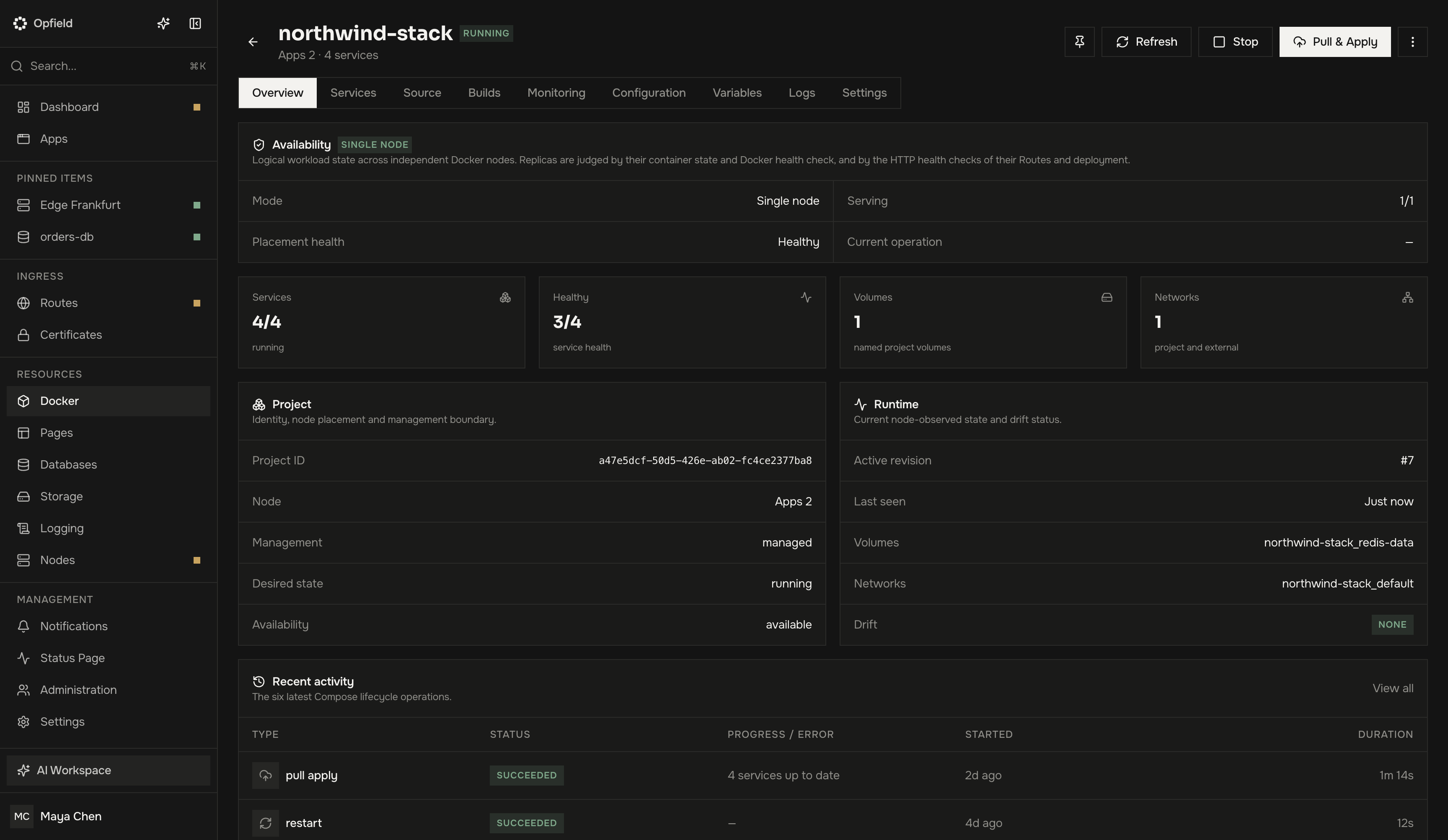 Vista general de un Compose Project gestionado con disponibilidad, estado de los servicios, volúmenes, redes, entorno de ejecución y actividad reciente