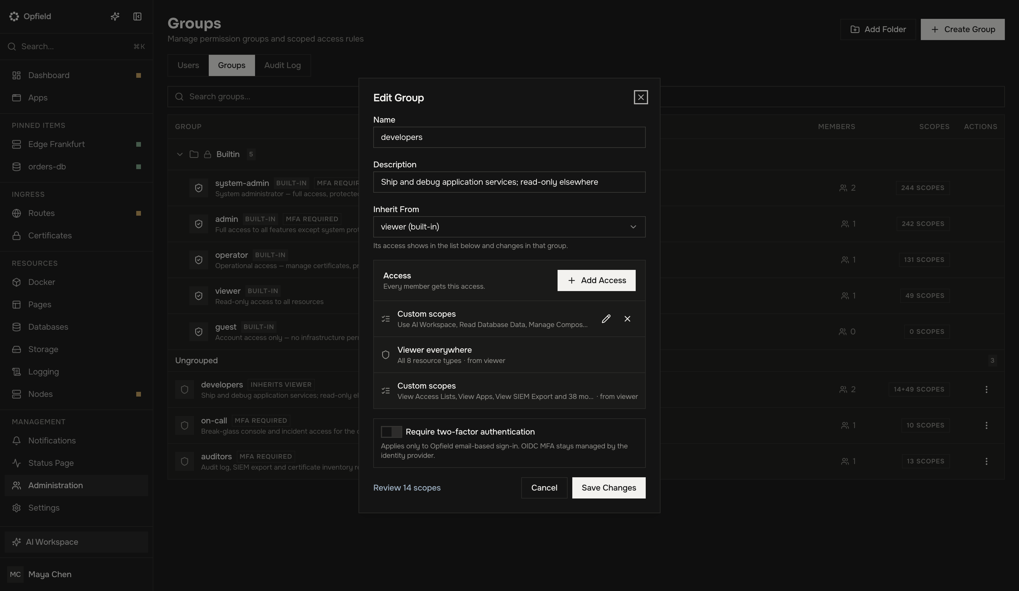 Gruppeneditor mit geerbten Berechtigungen und einzeln ausgewählten Scopes