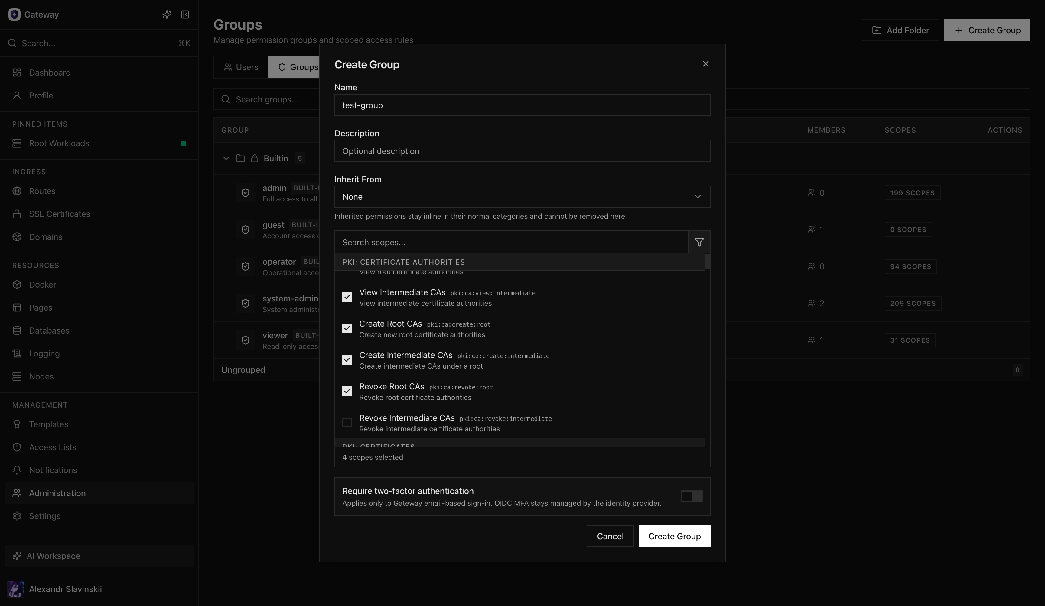 Group editor with inherited permissions and individually selected resource scopes