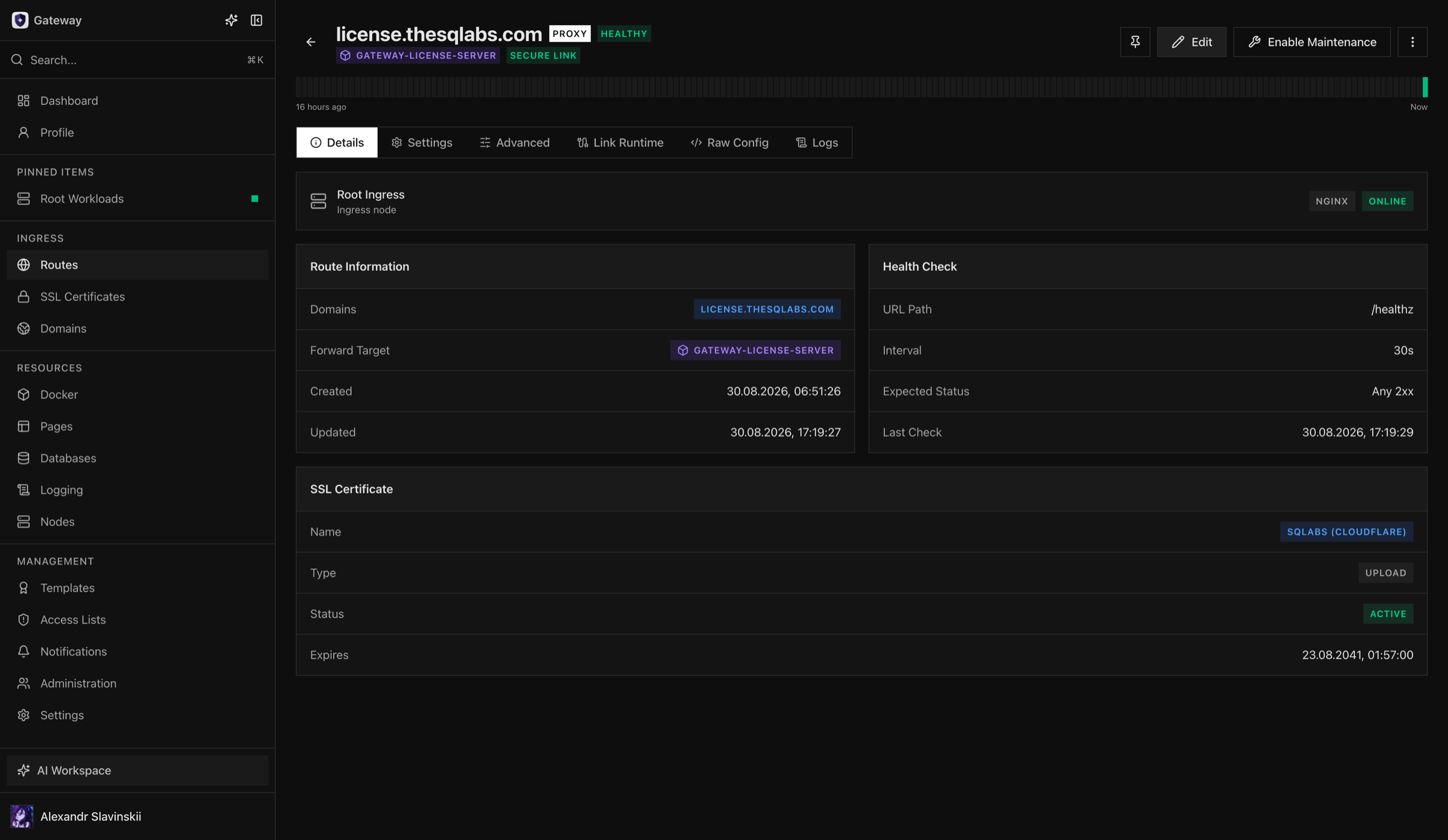 Healthy ingress Route targeting a Docker workload through Secure Link