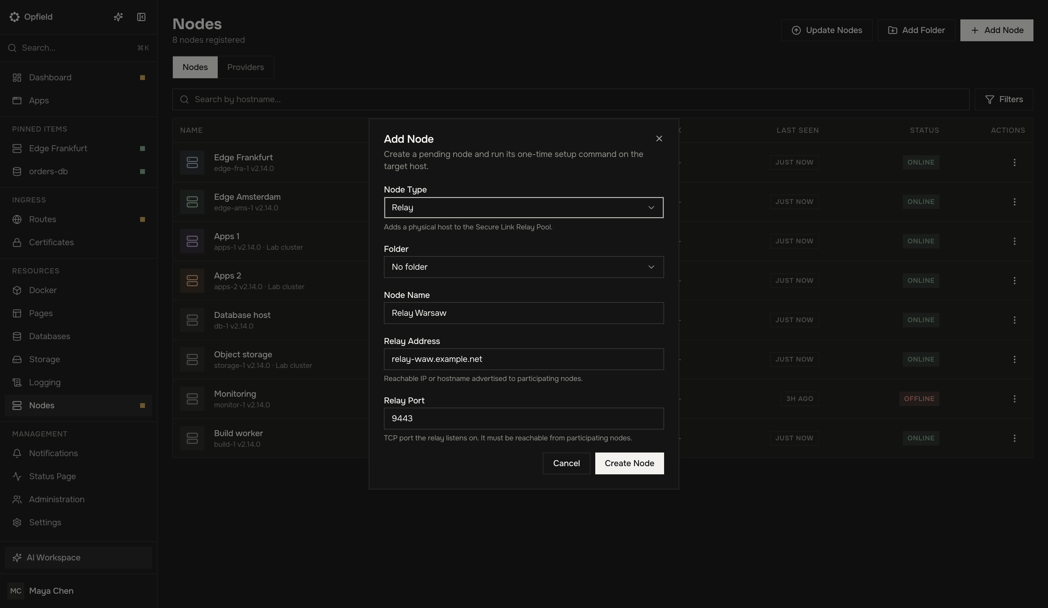 Diálogo Add Node con el rol Relay seleccionado y su dirección anunciada configurada