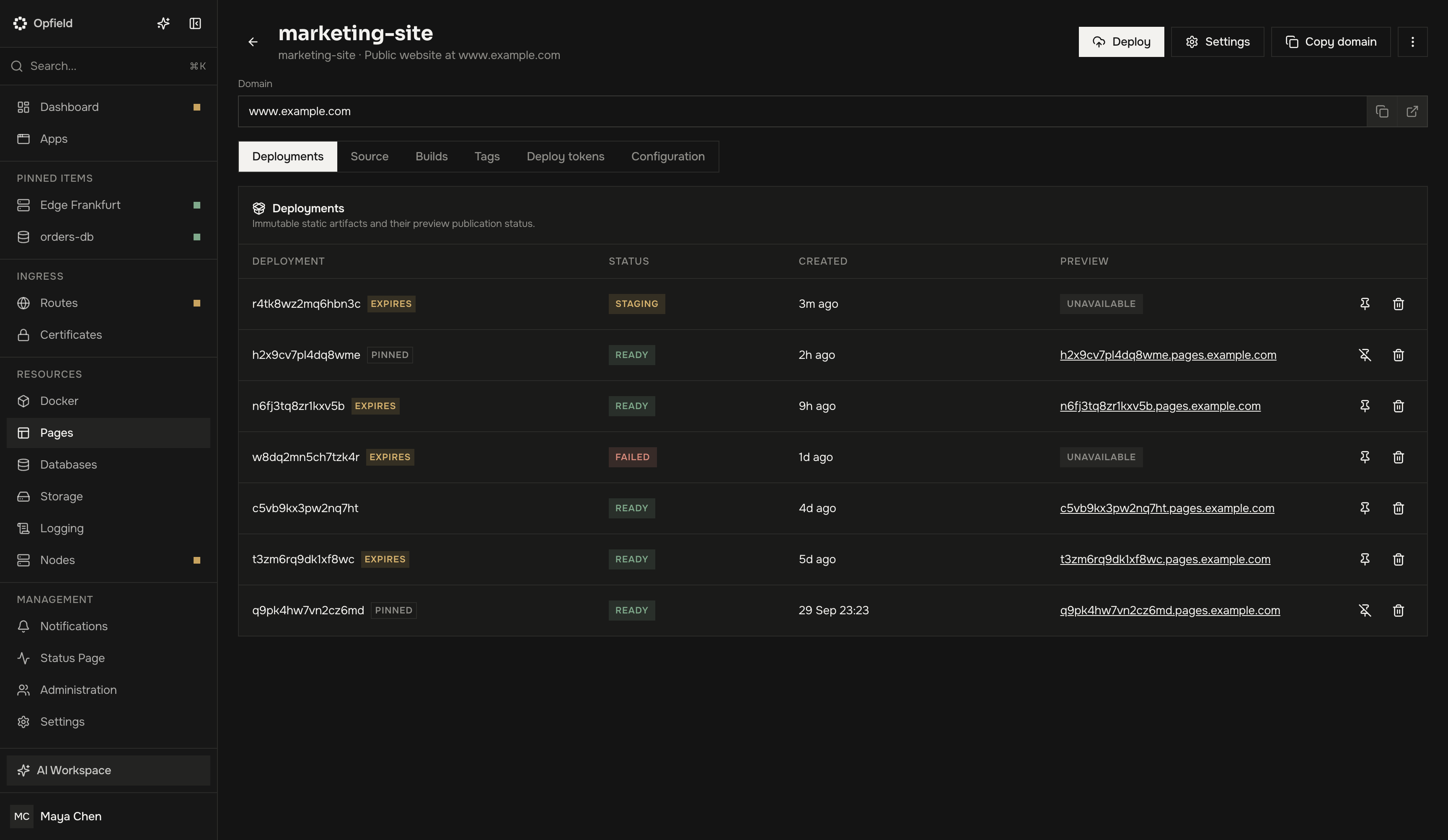 Pages-Deployments mit unveränderlichen Vorschauadressen und Bereitschaftszustand