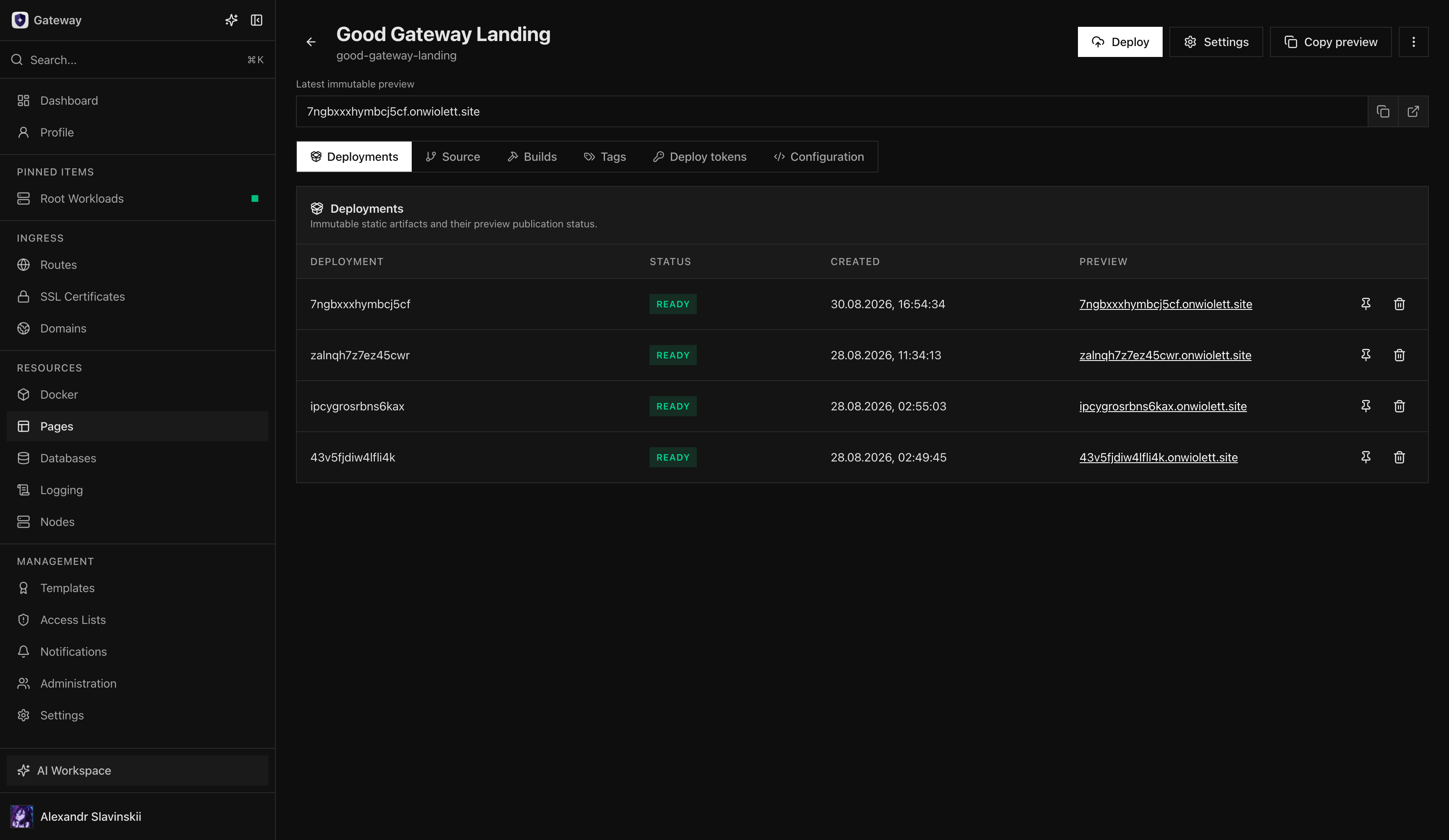 Pages Project with ready immutable deployments and their preview URLs