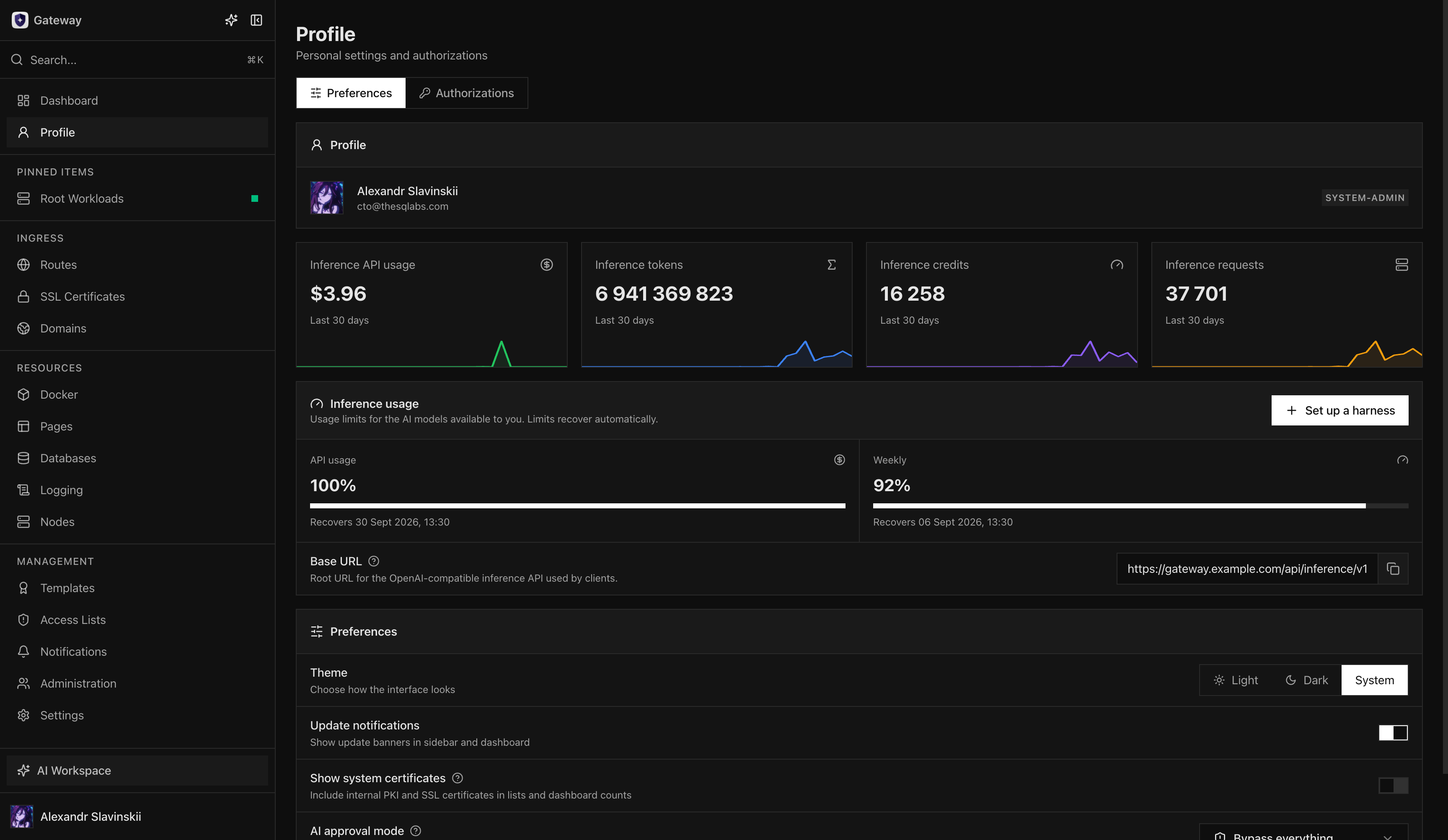 Profile with inference usage, limits, and the client base URL